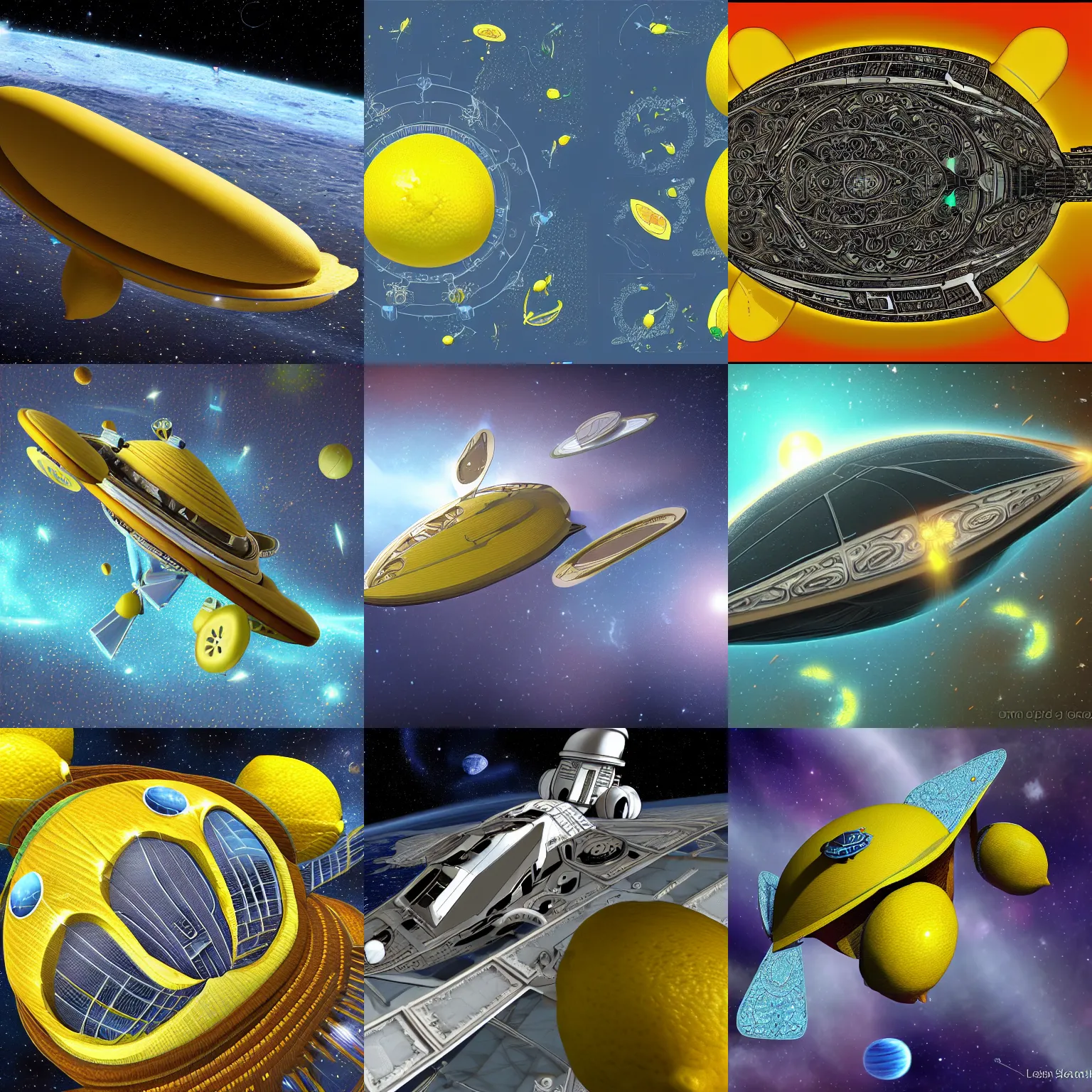 Prompt: lemon space cruiser lemon-shaped, in space, advanced digital art, intricate details, 8k