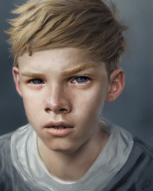 Image similar to portrait of 1 5 - year - old boy with blonde hair, round - face, and slightly buck - toothed, hyper realistic face, beautiful eyes, fantasy art, in the style of greg rutkowski, intricate, hyper detailed, smooth