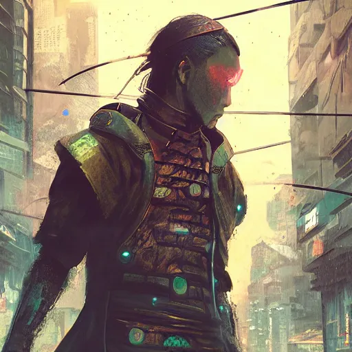 Prompt: illustration of a worn out samurai that got time travelled to a futuristic colonized Martian city, protecting his daughter from robot samurai, rainy day, neon glow concept art, sharp focus, cyberpunk 2077, steam punk, scifi, octane render, art by Ilya Kuvshinov, wallpaper, highly detailed, anime key visual, warm colors, epic landscape, HD digital art, artstation