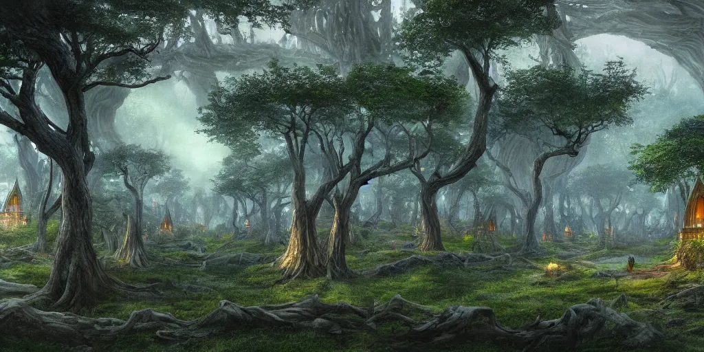 Image similar to Lothlórien with elven homes on trees, evening, detailed matte painting, cinematic, Alan Lee, Artstation