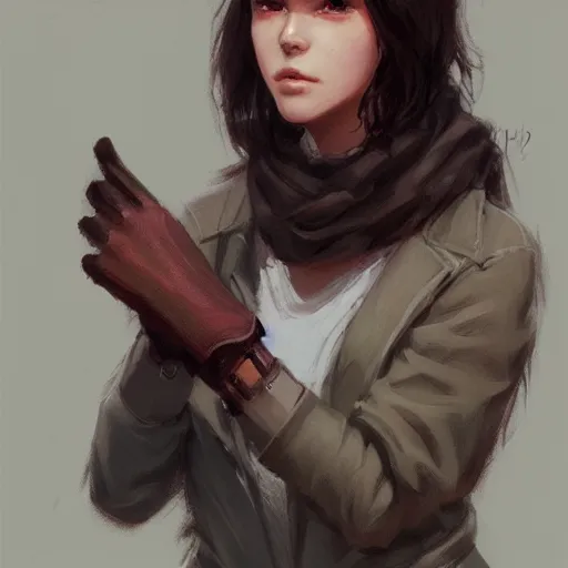 Prompt: a dark - haired girl hitch - hiking, wearing a brown glove with her thumb held aloft, highly detailed, digital painting, artstation, concept art, sharp focus, illustration, art by greg rutkowski