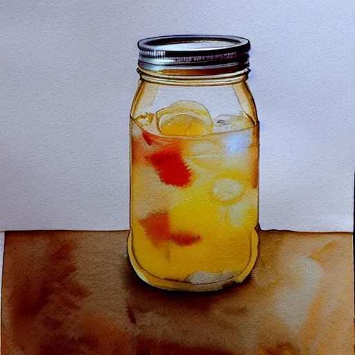 Image similar to Ice Tea in a mason jar, Watercolor, photorealistic, high resolution, award winning, trending on artstation, art by artgerm