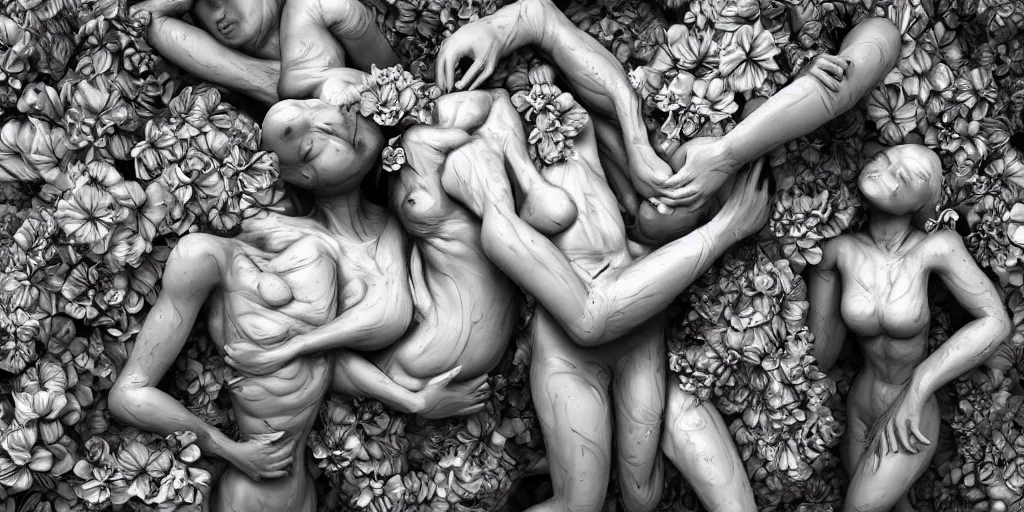 Prompt: surrealist sculpture human bodies intertwined, a lovely cornucopia of flowers and human body parts, body parts, paint pour, swirling paint colors, black and white photography, desaturated, highly detailed, octane render, cinematic