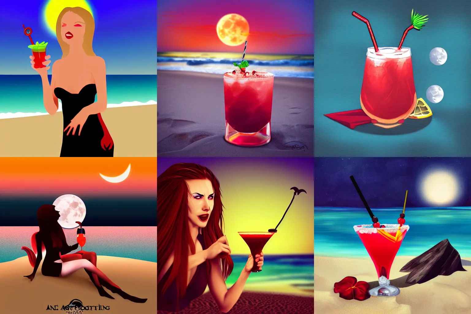 Prompt: a vampire moonbaithing at the beach drinking a blood cocktail, digital art, award winning