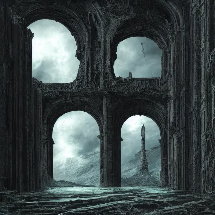 Image similar to gazing through a black archway to the void, black night, intricate high detail matte painting masterpiece