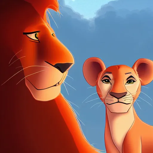 Image similar to a full-height portrait from afar of Simba form the Lion King look like an ordinary human boy with beautiful hear and head, wearing a white T-shirt and blue jeans, humanisation, digital art style