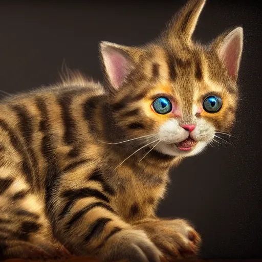 Image similar to full body pose, hyperrealistic photograph of a grotesque kitten, dim volumetric lighting, 8 k, octane beautifully detailed render, extremely hyper detailed, intricate, epic composition, cinematic lighting, masterpiece, trending on artstation, very very detailed, stunning, hdr, smooth, sharp focus, high resolution, award, winning photo, dslr, 5 0 mm