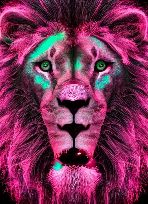 Image similar to A lion face made of Arabic Calligraphy depicting in glowing neons, fisheye lens, unreal 5, DAZ, hyperrealistic, octane render, dynamic lighting