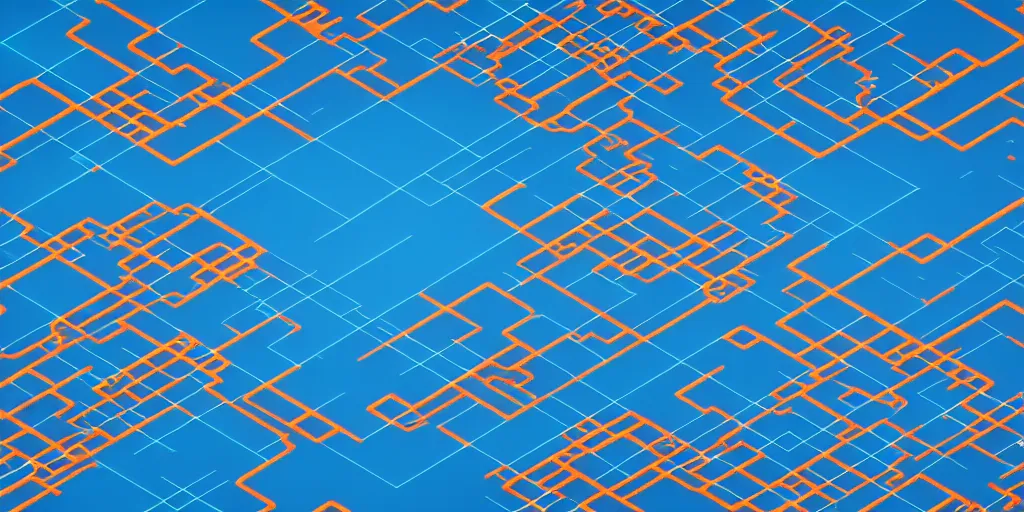 Image similar to Cloud servers, network, isometric view from above. Minimalistic design, contemporary design, infographics. Logo, Abstract Design. Blue, cyan and orange palette. Vivid, 8K, Epic, Masterpiece