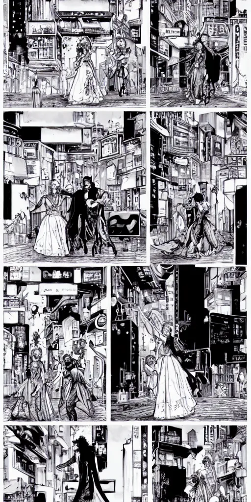 Prompt: Marie antoinette and court princess dancing in cyberpunk city street, kowloon, blade runner, Laurie Greasley, Jen Bartel, Tarmo Juhola, Roger Deakins