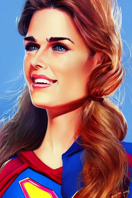 Prompt: portrait of a mix of beautiful young maria shriver, mariel hemmingway, brooke shields and elle macpherson as supergirl, thin lips, hair tied up in a pony tail, colorful artstation, cgsociety