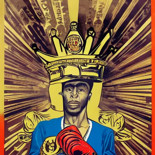 Image similar to Sideview Portrait of professional boxer with a pig head wearing boxing gloves with a gold crown on it's head Shepard Fairey