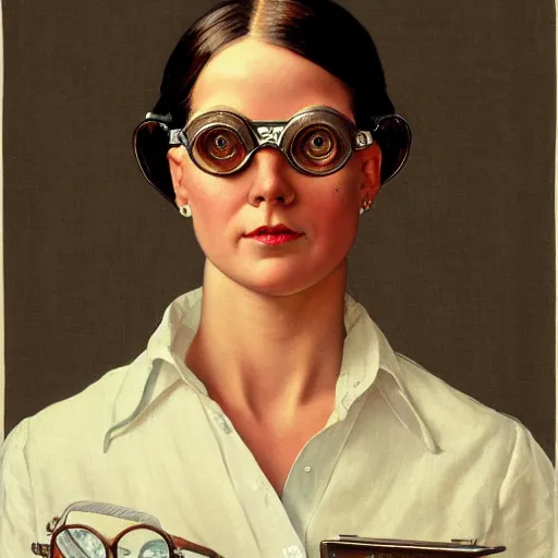 Image similar to frontal portrait of a muscular woman in a long - sleeved linen shirt, wearing vintage engineer goggles, by norman rockwell