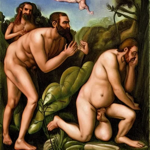 Prompt: God frowning in the Garden of Eden. Eve and Adam look guilty