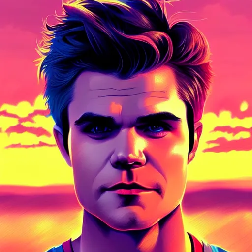 Image similar to Paul Wesley, sunset background, intricate, highly detailed, digital painting, artstation, official media, anime key visual, concept art, rich vivid colors, ambient lighting, sharp focus, illustration, art by Artgerm, Makoto Shinkai, Ilya Kuvshinov, Lois Van Baarle, and Rossdraws