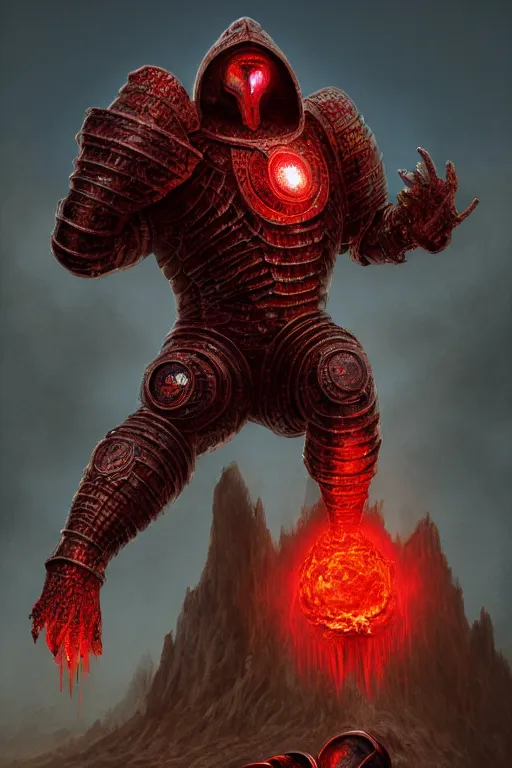 Prompt: ultrarealistic massive giant iron golem with red cape, large metal helm bladed iron mantle etched iron armor, bone plants, fantasy character portrait, octane render, extreme intricate glowing details, cinematic lighting, volumetric lighting, ultra wide angle, artstation, dnd art, cgsociety, sharp focus, beautiful digital painting by artgerm, gerald brom, wlop