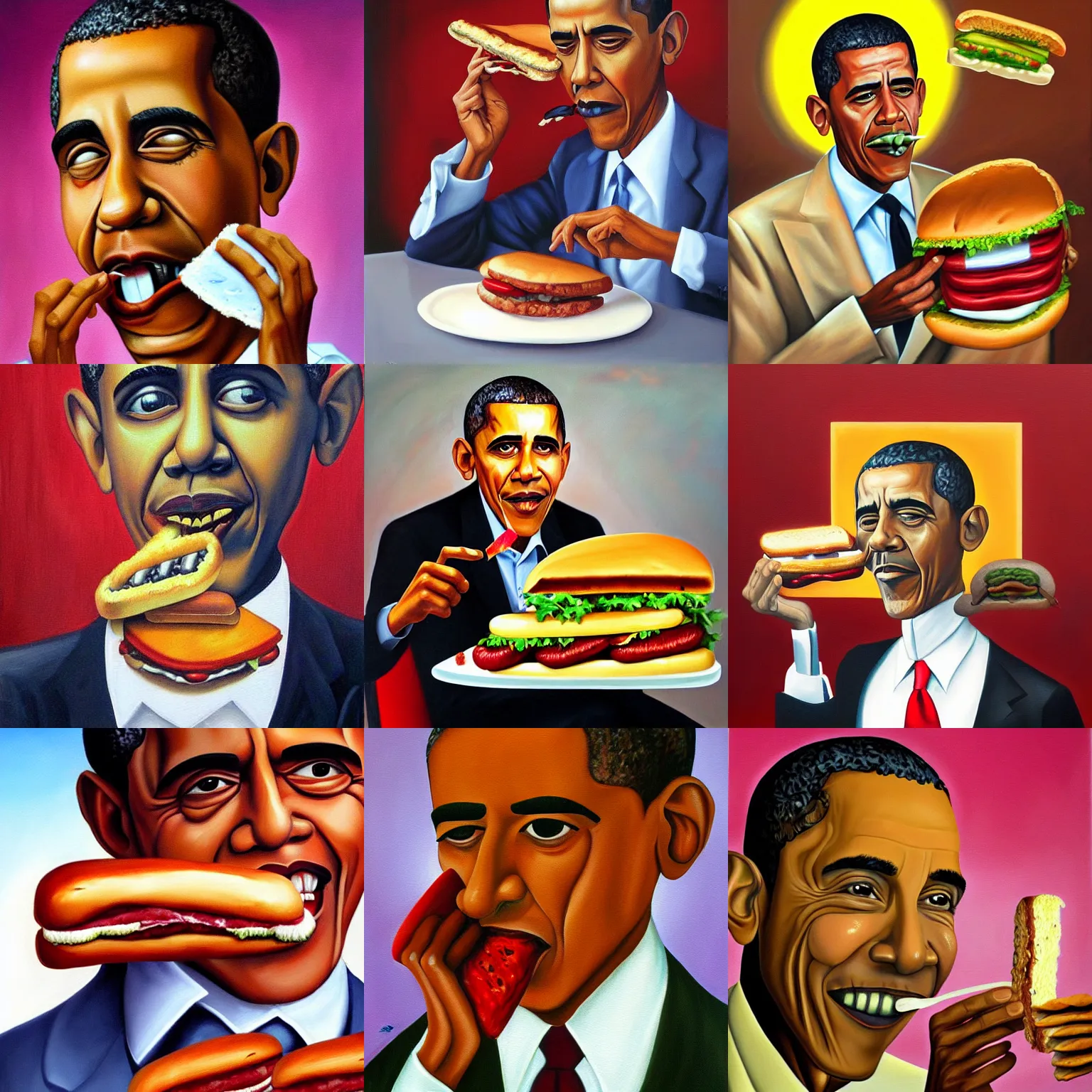 Prompt: surreal oil painting of barrack obama eating a salami sandwich in the style of salvador dali. artstation, deviantart,