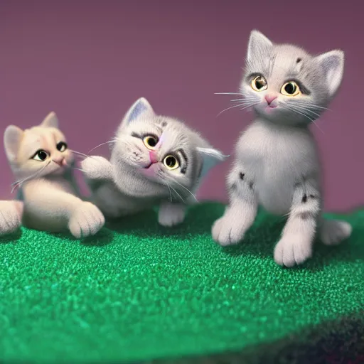 Prompt: miniature closeup of kittens playing, claymation, Pixar animation, visually stunning, 50mm, highly detauled, award-winning