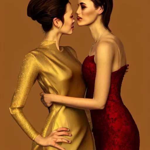 Prompt: woman love woman, sweet hugs, royal dress, gold trim, atmoshperic, elegant, sharp focus, sand sea, red sun, by 3 8 0 light & color female reference pictures, trending on artstation, intricate details