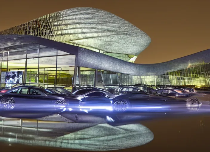 Image similar to mercedes exhibition center exterior at night with rain with large screens designed by antoni gaudi, and concept art