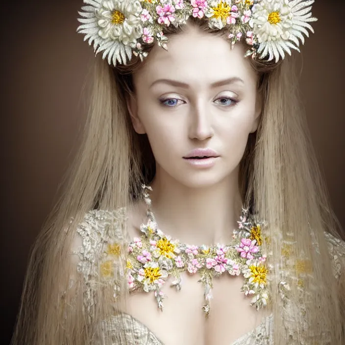 Image similar to photo portrait of a beautiful woman like a queen-flower-angel, dressed in long elegant intricate ornamental flowers white dress, natural skin tone, intricate fractal highly detailed flowers ornament in the upper side of breast, bust with a very long neck , elegant, highly detailed intricate flowers ornament in her blond long hair, Realistic, Refined, Highly Detailed, Cinematic pastel Lighting, fine art photography by Paolo Roversi, volumetric lighting, hyper realistic photography
