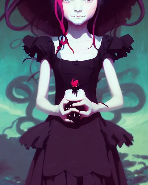 Image similar to portrait of cute goth alice from wonderland, anime key visual, by peter mohrbacher and ilya kuvshinov and wlop and makoto shinkai and studio ghibli