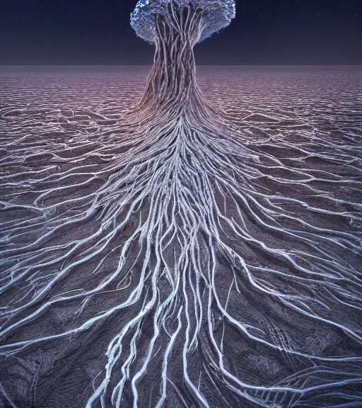 Prompt: surreal neuron city, breaking the waves, tower made of crystalized synapse, aerial iridecent veins, moonbow, inverted white massive veins of sand, in the desert, foggy sky, dark starry night, octane render, unreal engine, pale colors, high detail, 8 k, wide angle, trending on artstation, behance