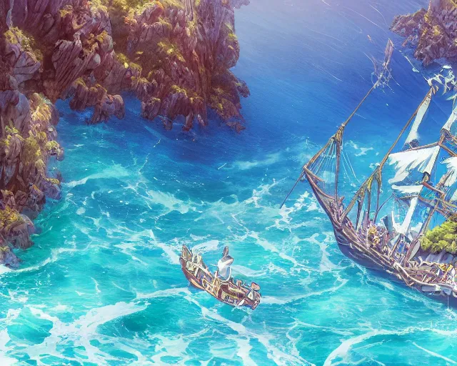 Prompt: a pirate ship on the blue seas, clear, sunny day, beautiful, ripples, waves, reflections on the water, no land, sea, blue sea, anime, wide shot. By Makoto Shinkai, Stanley Artgerm Lau, WLOP, Rossdraws, James Jean, Andrei Riabovitchev, Marc Simonetti, krenz cushart, Sakimichan, D&D trending on ArtStation, digital art.