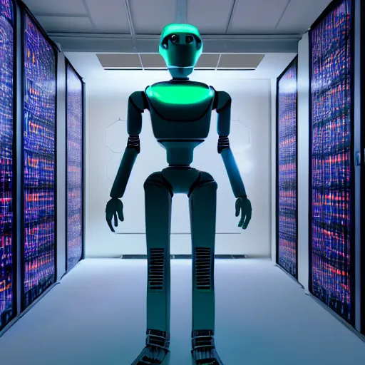 Prompt: hyperrealism stock photo of highly detailed stylish humanoid robot in futuristic sci - fi style by gragory crewdson and vincent di fate in the detailed data center by mike winkelmann and laurie greasley rendered in blender and octane render
