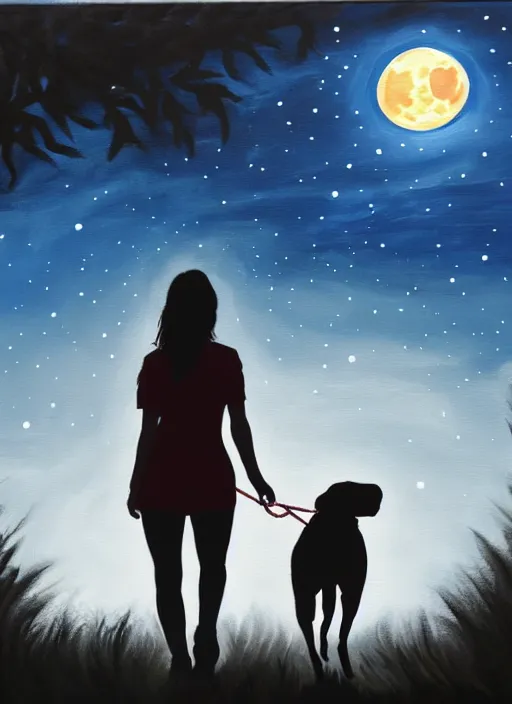 Image similar to young brown woman walking her dog in a park at night with a full moon, acrylic painting, photoreal, fantasy