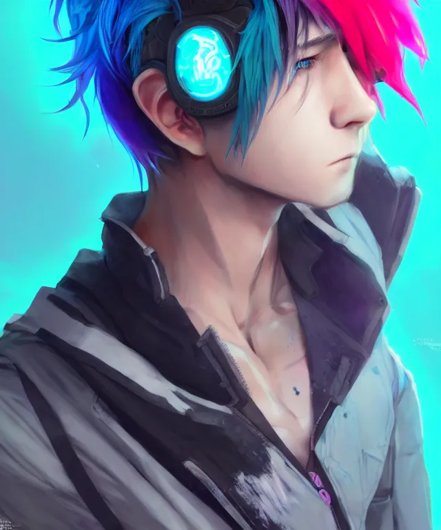 Prompt: character concept art of a cute cyberpunk boy with colorful hair and wolf ears wearing tight clothing | | cute - fine - face, pretty face, key visual, realistic shaded perfect face, fine details by stanley artgerm lau, wlop, rossdraws, james jean, andrei riabovitchev, marc simonetti, and sakimichan, trending on artstation