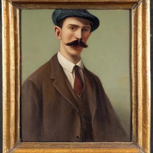 Image similar to portrait of a british young man in a flat cap, a small mustache, and a nice brown suit, oil painting