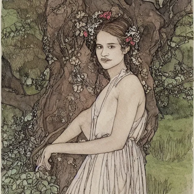 Prompt: a detailed, intricate watercolor and ink portrait illustration with fine lines, of a lovely, pretty, young alicia vikander in a dress reading under a gnarled tree, by arthur rackham and edmund dulac and mucha