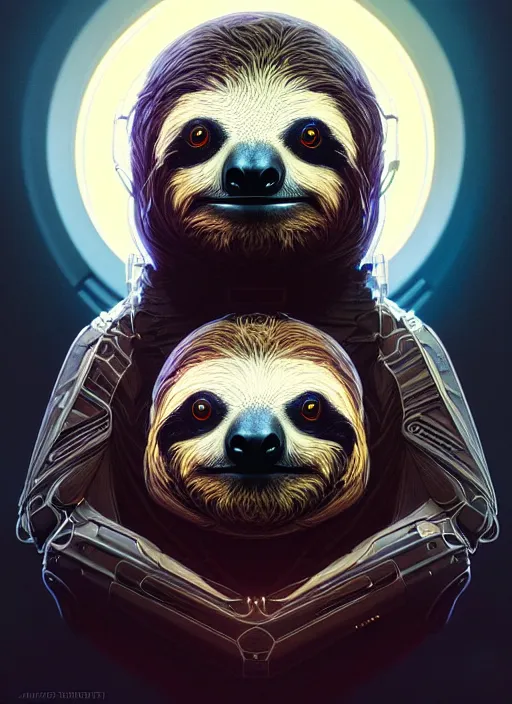 Image similar to symmetry!! portrait of a sloth, sci - fi, tech wear, glowing lights!! intricate, elegant, highly detailed, digital painting, artstation, concept art, smooth, sharp focus, illustration, art by artgerm and greg rutkowski and alphonse mucha