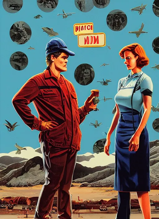 Prompt: Twin Peaks art, of Michael Shannon dressed as mechanic talking to Jennifer Connelly wearing light blue diner waitress dress, poster artwork by Gerald Brom, James Edmiston, Michael Whelan, Bob Larkin and Tomer Hanuka, Kilian Eng, Ed Emshwiller, Glenn Fabry, Hal Foster, Kelly Freas, Greg Hildebrandt, Joe Jusko, Martine Johanna, Scott Listfield, Chris Moore, Simon Stalenhag, Jeffery Smith, from scene from Twin Peaks, simple illustration, domestic, nostalgic, from scene from Twin Peaks, clean, full of details, by Makoto Shinkai and thomas kinkade, Matte painting, trending on artstation and unreal engine, New Yorker magazine cover