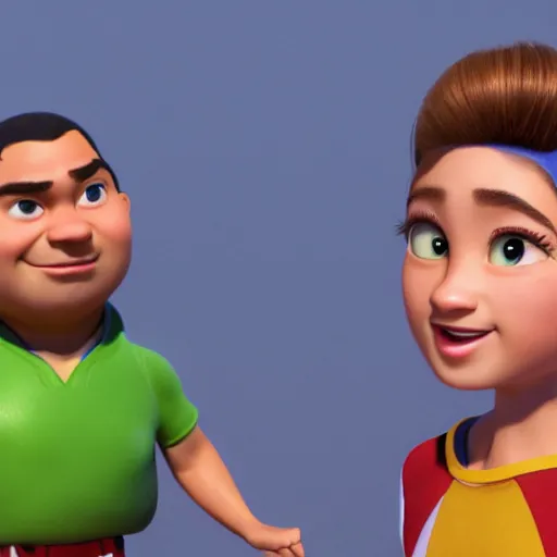 Image similar to young beautiful athletic Filipino woman with long hair standing beside a handsome caucasian athletic thin man with very short buzzed hair, balding, stubble on his face, blue eyes, they are posing, depicted as adult Pixar characters, high quality cg render, 4k