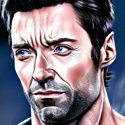 Image similar to portrait of hugh jackman as bucky barnes from the avengers infinity war, character concept art, hyperrealistic, detailed, accurate illustration, dramatic lighting,