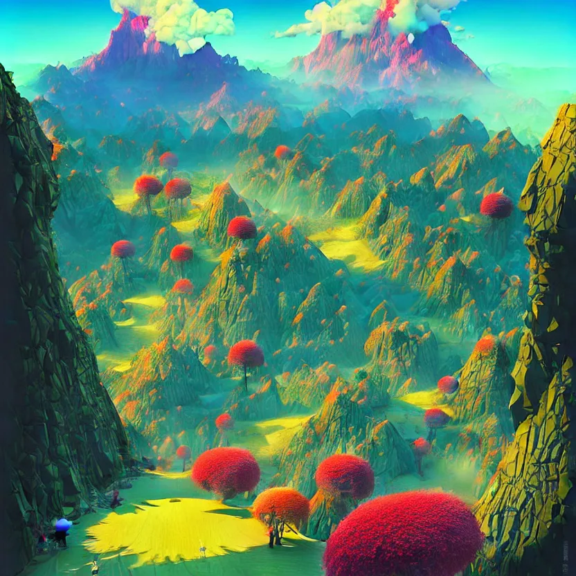 Image similar to fantasy world, kinabalu peak, summer morning, very coherent and colorful high contrast, art by! gediminas pranckevicius! geof darrow,!!! pastel color!!!, volumetric lighting, cinematic, floralpunk screen printing woodblock, dark shadows, hard lighting, stippling art