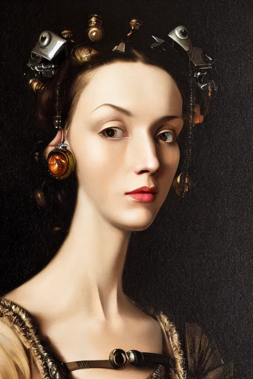 Image similar to dark portrait, headshot, digital painting, of a 17th century, beautiful cyborg girl merchant, dark hair, amber jewels, baroque, ornate clothing, scifi, futuristic, realistic, hyperdetailed, chiaroscuro, concept art, art by caravaggio
