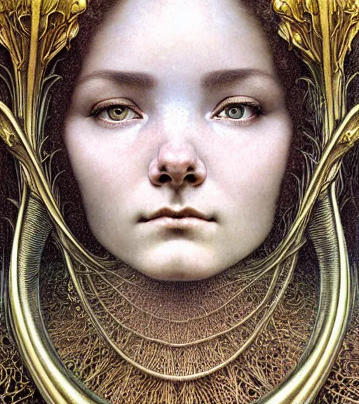 Prompt: detailed realistic beautiful young medieval bjork face portrait by jean delville, gustave dore and marco mazzoni, art nouveau, symbolist, visionary, gothic, pre - raphaelite. horizontal symmetry by zdzisław beksinski, iris van herpen, raymond swanland and alphonse mucha. highly detailed, hyper - real, beautiful