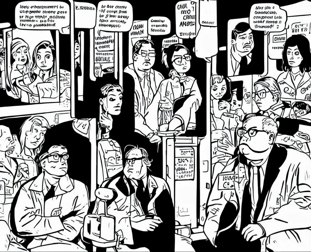 Prompt: comic panel drawn in the style of Daniel Clowes and Adrian Tomine and Gabrielle Bell, of a sad woman in a parka who looks like Aubrey Plaza, sitting near a slightly overweight friendly middle-aged German businessman in a suit, with short blond hair and mustache, in a mostly empty Chicago subway train, full-figure ¾ angle