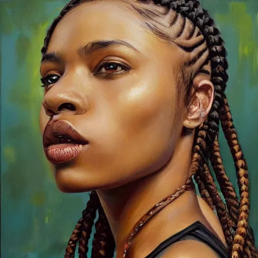 Prompt: a painting of a woman with braids in her hair, a photorealistic painting by Tim Okamura, cgsociety, figurative art, detailed painting, hyper realism, oil on canvas