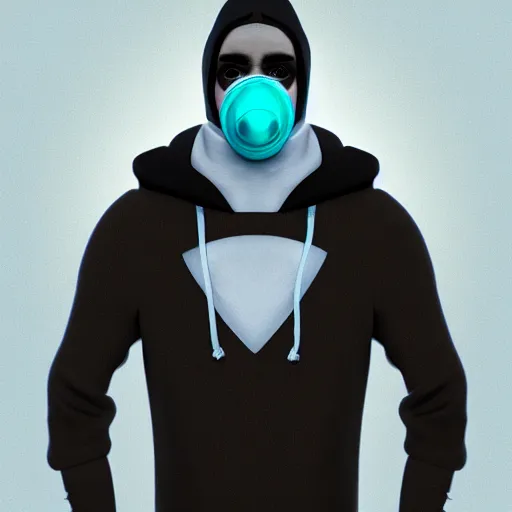 Image similar to a highly detailed, portrait of a man with black hair with a black medical mask, in a hood in the form of a blue shark with white teeth, artstation, DeviantArt, professional, octane render, digital art