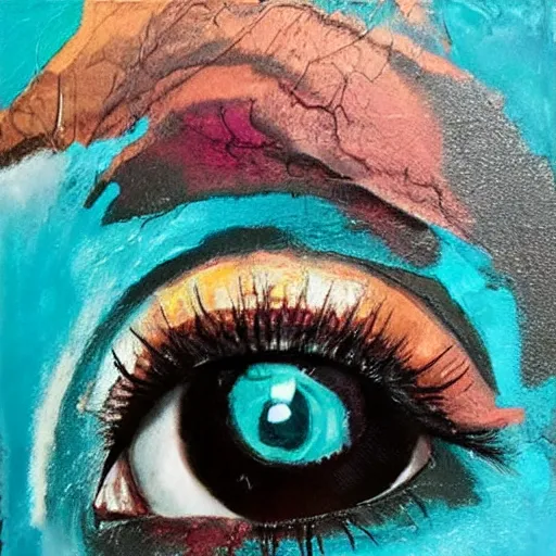 Prompt: a realistic shiny human eyeball in the middle of a dripping painted rose with a teal and black and blue and tan color scheme