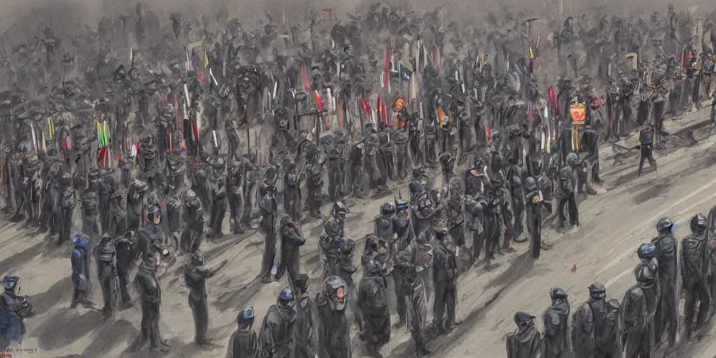 Image similar to few policemans lined up, standing against the protesters with blank posters, сlear sky, concept art, intricate details, highly professionally detailed,, highly detailed -