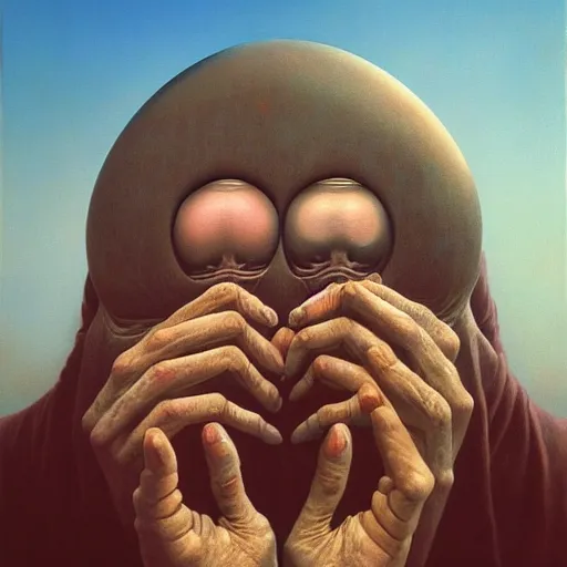 Image similar to Two hands holding a head with only one big eye by Zdzislaw Beksinski, Jeffrey Smith and H.R. Giger, oil on canvas, 8k highly professionally detailed, trending on artstation