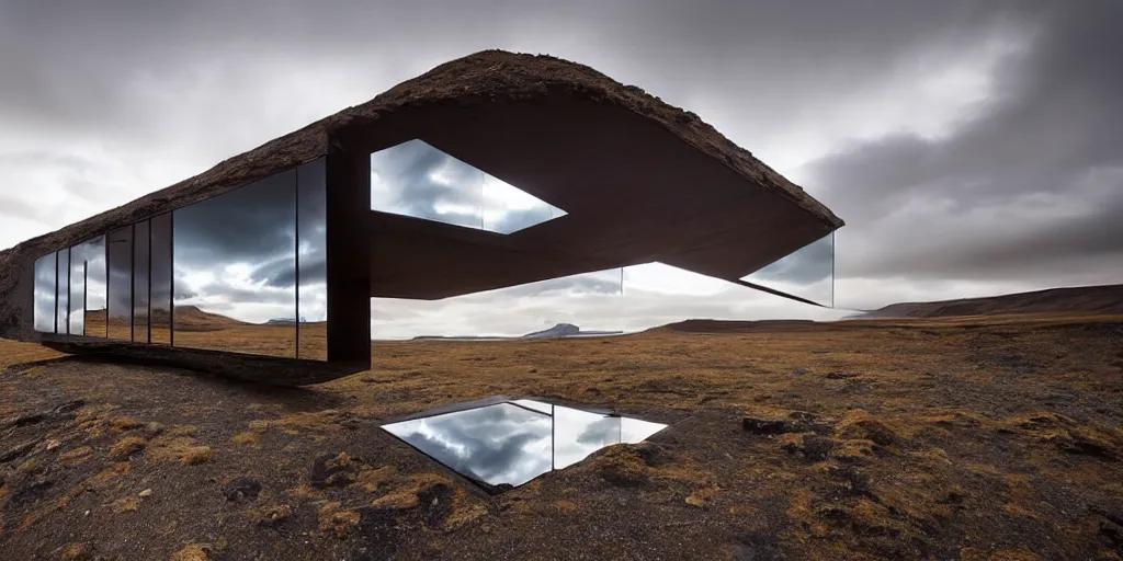 Image similar to futuristic architect house made from deconstucted ash wood and mirrors, floating, portal, iceland landscape photography, by lurie belegurschi and gunnar freyr
