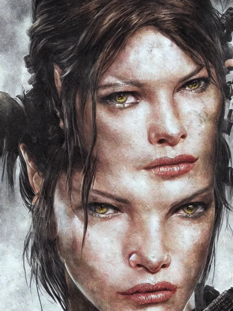 Prompt: close up potrait of Mila Jovovich face as tomb raider