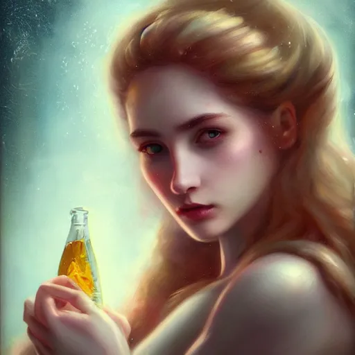 Image similar to cola goddess of bubbles character portrait, in the style of charlie bowater, tom bagshaw, and waterhouse, lean face, cinematic lighting, beautiful, elegant, oil painting, cinematic, portrait, raphaelite, headroom, headshot photograph