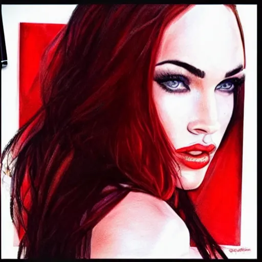 Prompt: “Beautiful Megan Fox Red pencil paintings, only red white colors, ultra detailed portrait, 4k resolution”